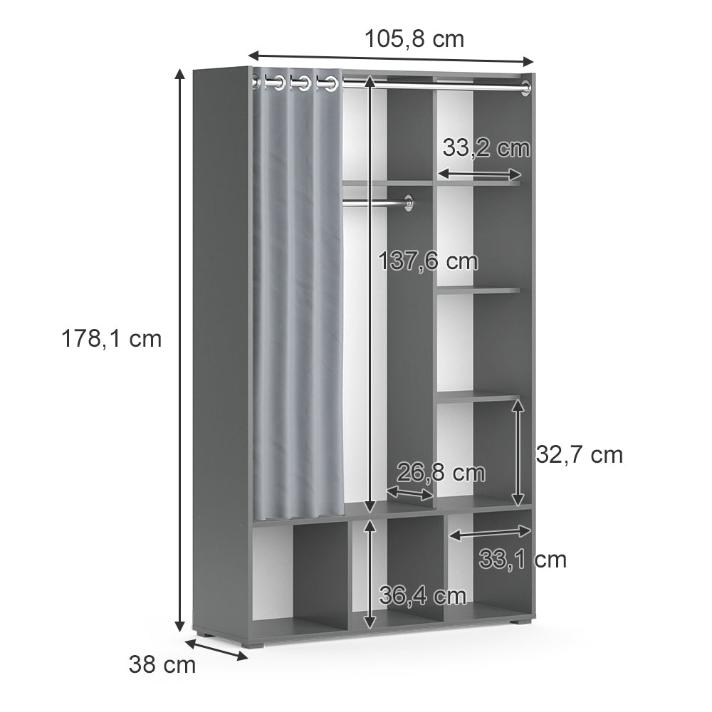 Vicco Armadio multifunzione Grigio 38 x 178.1 cm con appendiabiti a tenda
