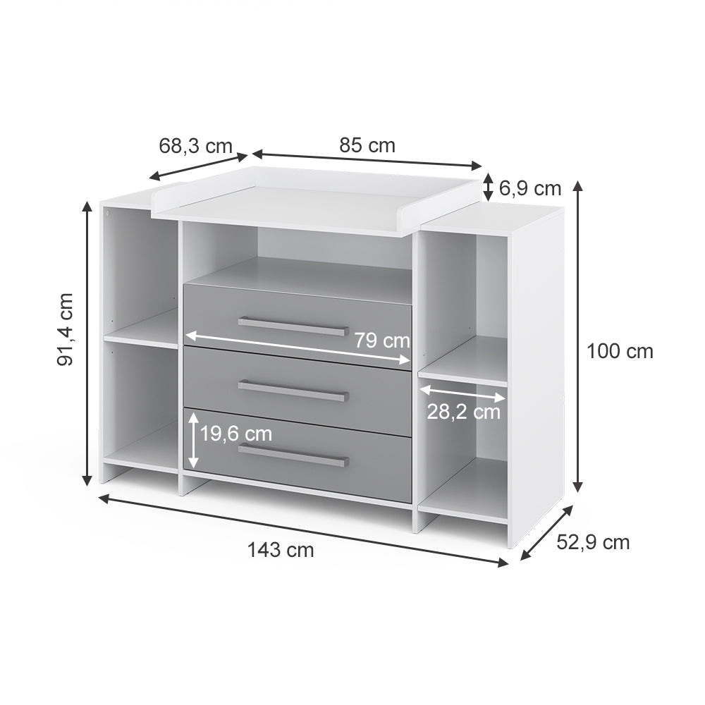 Vicco Fasciatoio Bianco/Grigio 143 x 100 cm XL con cassetti