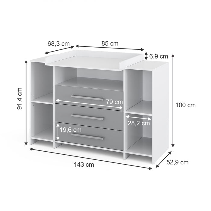 Vicco Fasciatoio Bianco/Grigio 143 x 100 cm XL con cassetti
