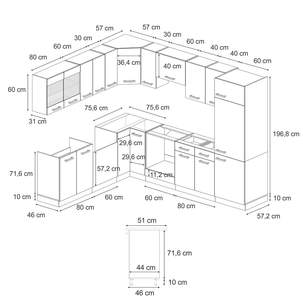 Vicco Cucina angolare completa Nero lucido 227 x 287 cm senza piano di lavoro