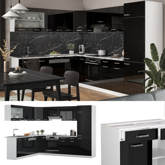 Vicco Cucina angolare completa Nero lucido 227 x 287 cm senza piano di lavoro