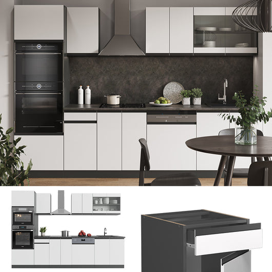 Vicco Cucina componibile Bianco/antracite 300 cm Forma a J, con mobile alto, senza piano di lavoro