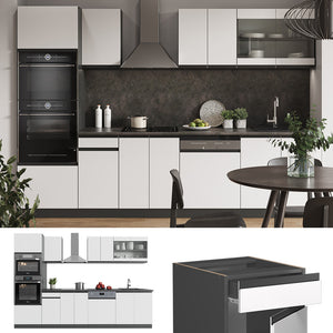 Vicco Cucina componibile Bianco/antracite 300 cm con armadio alto, PL Marmo