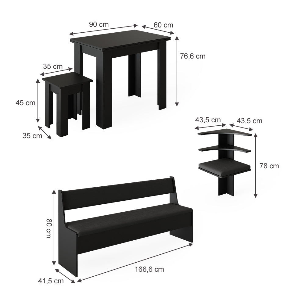 Vicco Gruppo panca ad angolo Nero 210 x 41.5 cm con tavolo