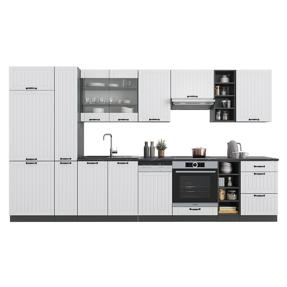 Vicco Cucina componibile Bianco casa di campagna/antracite 355 cm con armadio alto, senza piano di lavoro