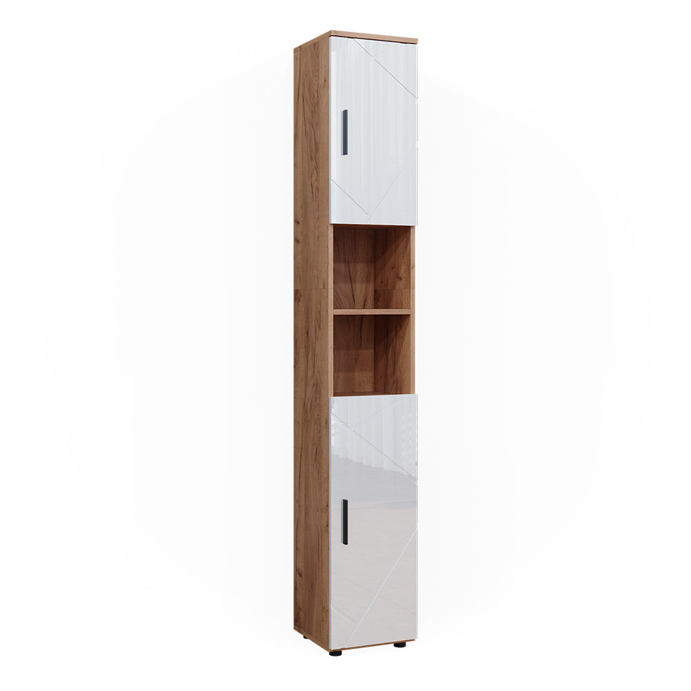 Vicco Armadio per il bagno Bianco lucido/oro power oak 30 x 192 cm con ante e vani a giorno