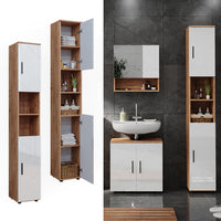 Vicco Armadio per il bagno Bianco lucido/oro power oak 30 x 192 cm con ante e vani a giorno