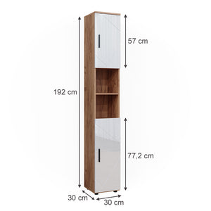 Vicco Armadio per il bagno Bianco lucido/oro power oak 30 x 192 cm con ante e vani a giorno