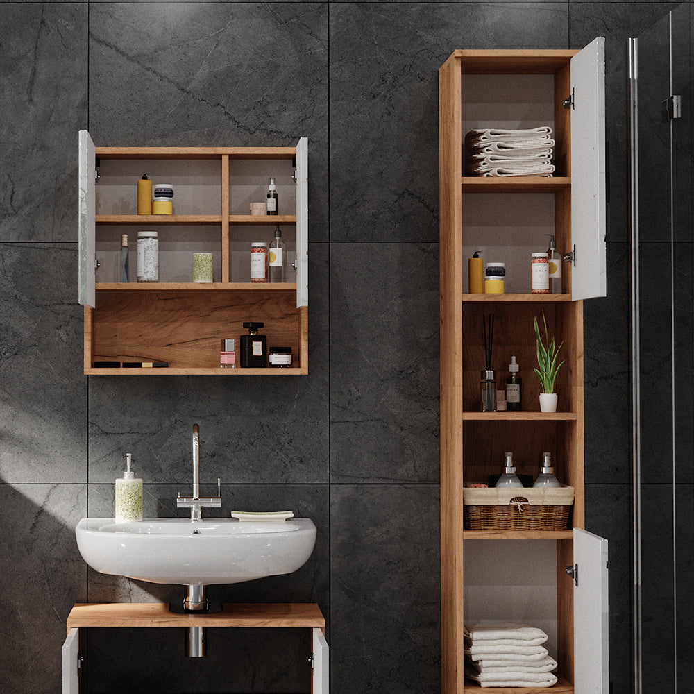 Vicco Armadio per il bagno Bianco lucido/oro power oak 30 x 192 cm con ante e vani a giorno