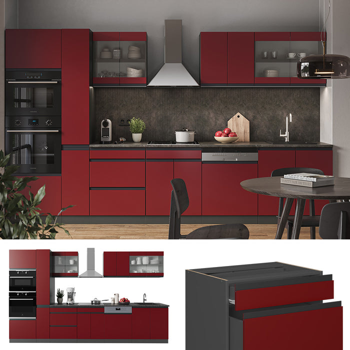 Vicco Cucina componibile Rosso/antracite 350 cm Forma a J, con mobile alto, senza piano di lavoro