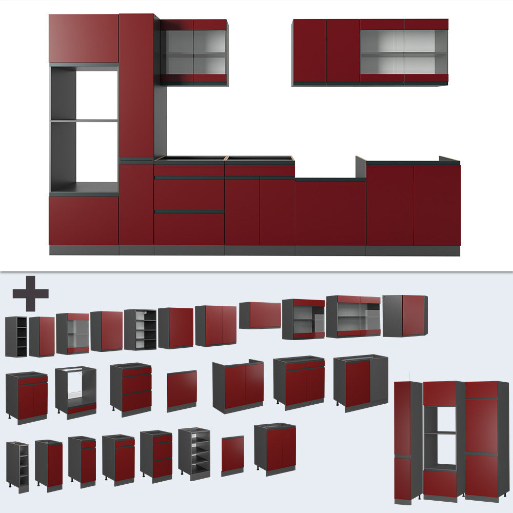 Vicco Cucina componibile Rosso/antracite 350 cm Forma a J, con mobile alto, senza piano di lavoro