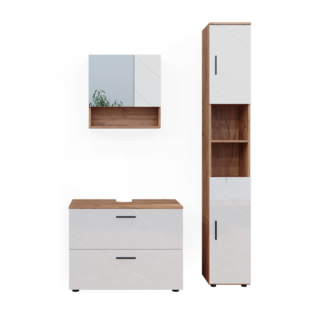 Vicco Set di mobili da bagno Bianco lucido/oro power oak 3 parti, con cassettiera e colonna