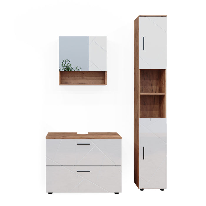 Vicco Set di mobili da bagno Bianco lucido/oro power oak 3 parti, con cassettiera e colonna