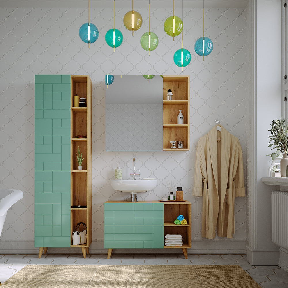 Vicco Armadio per il bagno Verde menta 56 x 193 cm con ante e vani a giorno