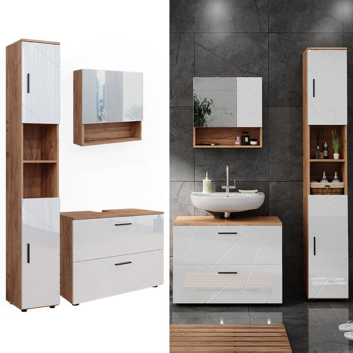 Vicco Set di mobili da bagno Bianco lucido/oro power oak 3 parti, con cassettiera e colonna