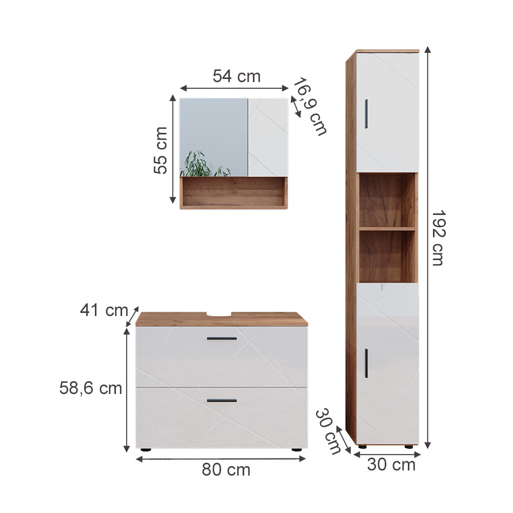 Vicco Set di mobili da bagno Bianco lucido/oro power oak 3 parti, con cassettiera e colonna