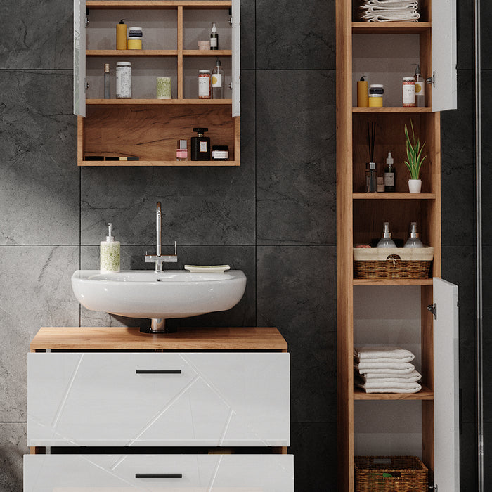 Vicco Set di mobili da bagno Bianco lucido/oro power oak 3 parti, con cassettiera e colonna