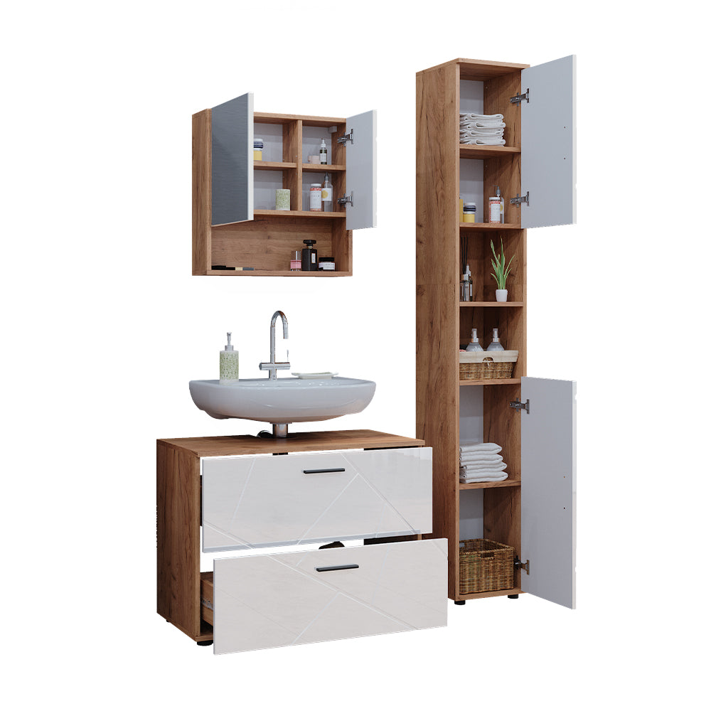 Vicco Set di mobili da bagno Bianco lucido/oro power oak 3 parti, con cassettiera e colonna