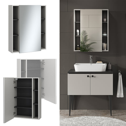 Vicco Specchio contenitore bagno Grigio 65 x 80 cm con anta e vani a giorno
