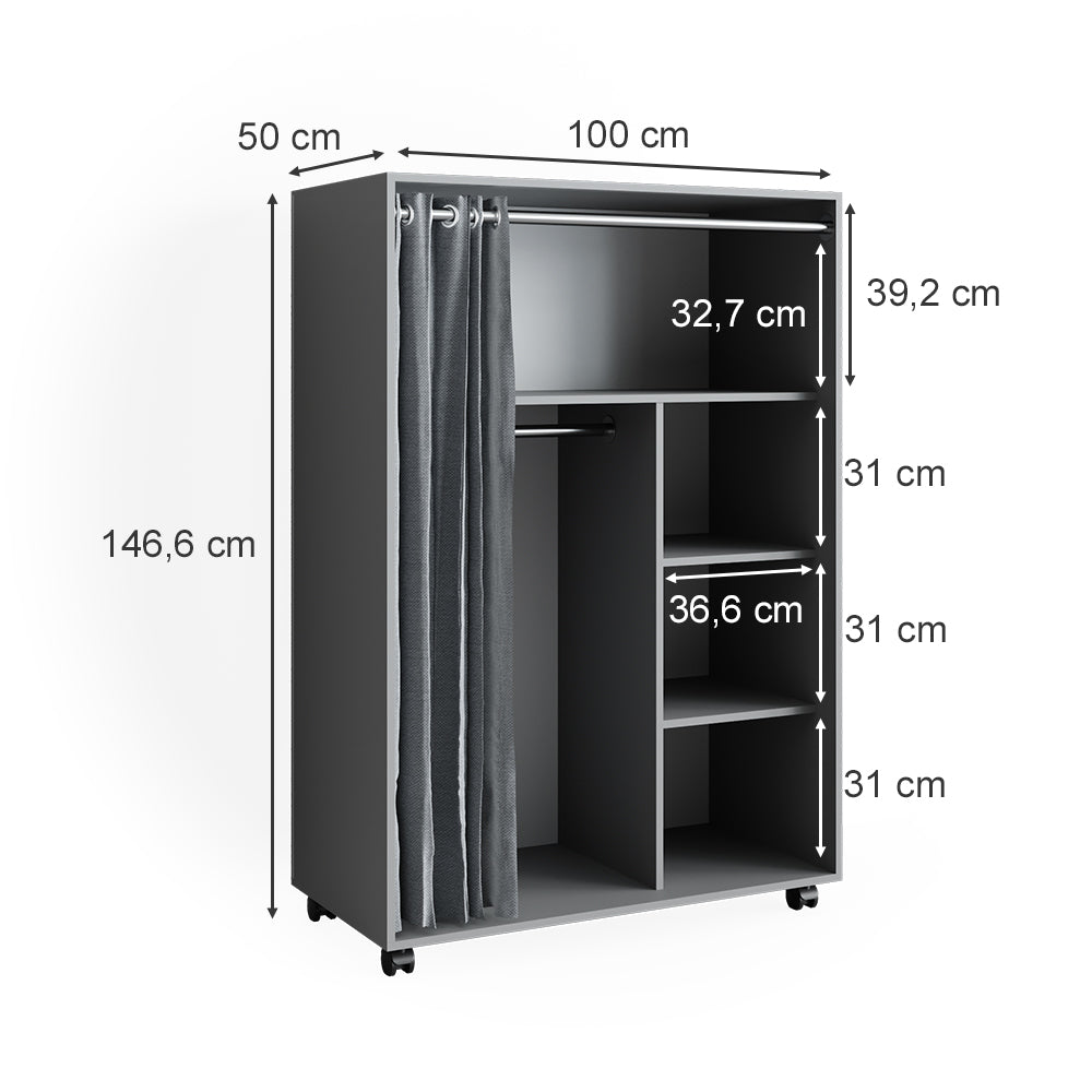 Vicco Armadio multifunzione Grigio 100 x 146.6 cm Con rulli