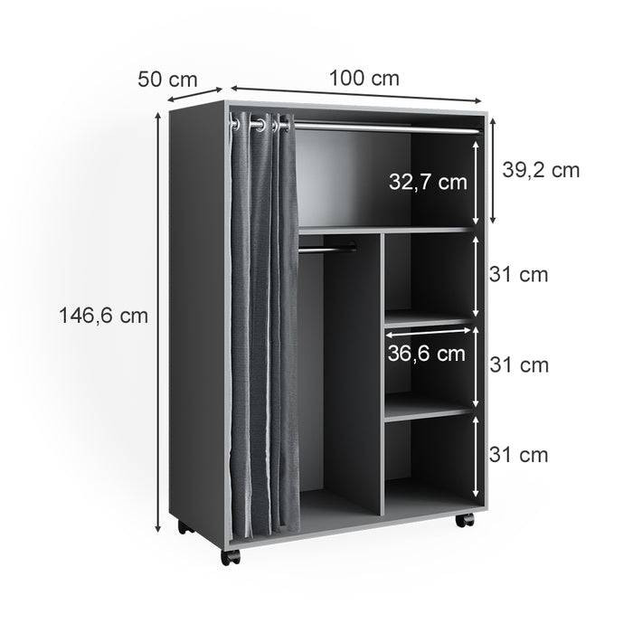 Vicco Armadio multifunzione Grigio 100 x 146.6 cm Con rulli