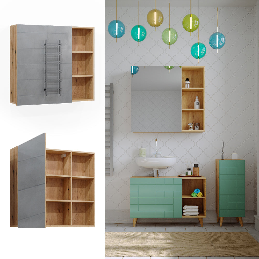 Vicco Specchio contenitore bagno Rovere 90 x 80.9 cm con anta e vani a giorno