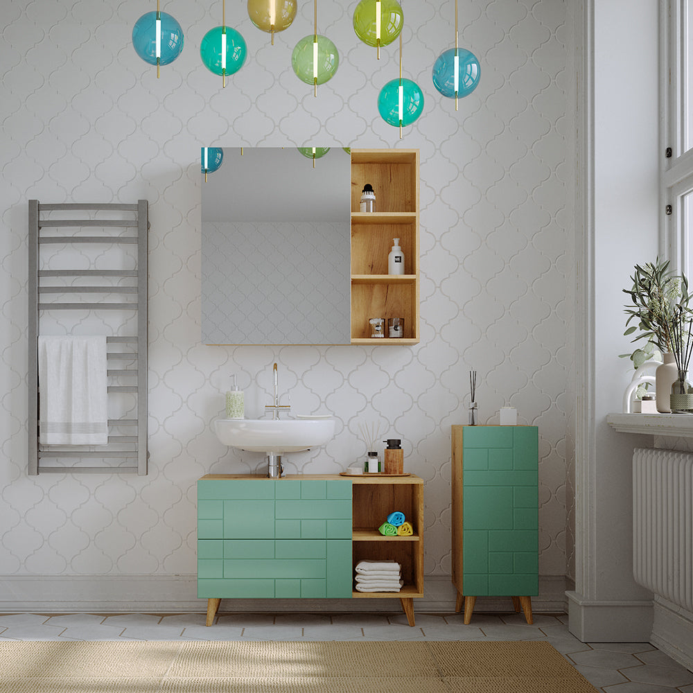 Vicco Specchio contenitore bagno Rovere 90 x 80.9 cm con anta e vani a giorno