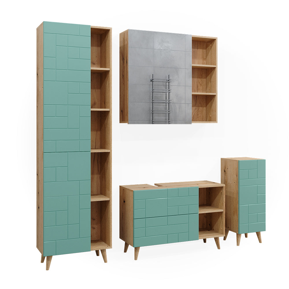 Vicco Set di mobili da bagno Verde menta 4 parti, con armadio alto