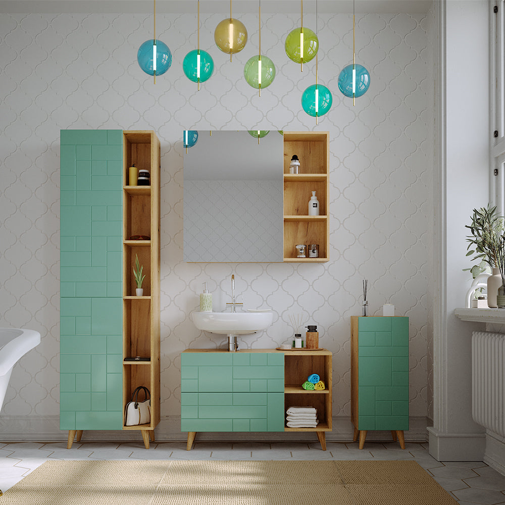 Vicco Set di mobili da bagno Verde menta 4 parti, con armadio alto