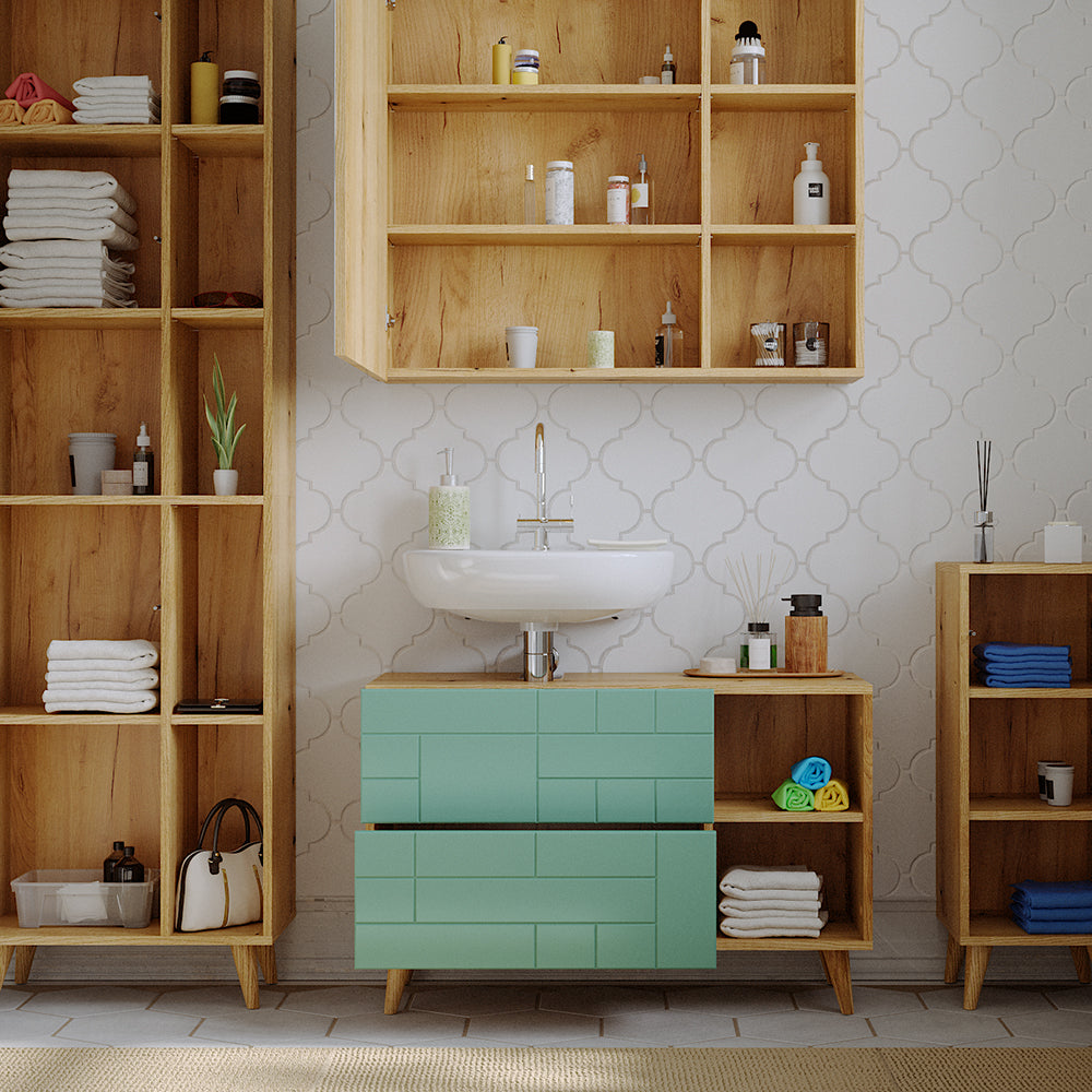 Vicco Set di mobili da bagno Verde menta 4 parti, con armadio alto