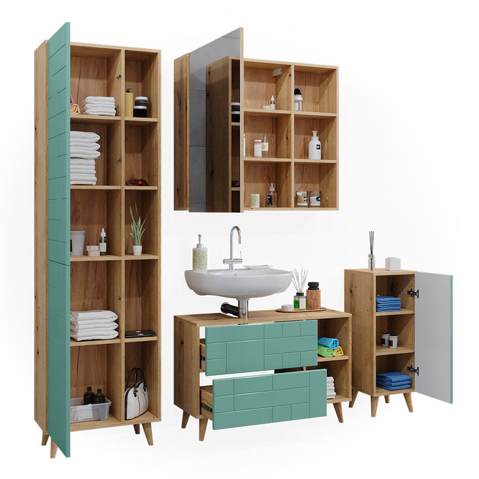 Vicco Set di mobili da bagno Verde menta 4 parti, con armadio alto