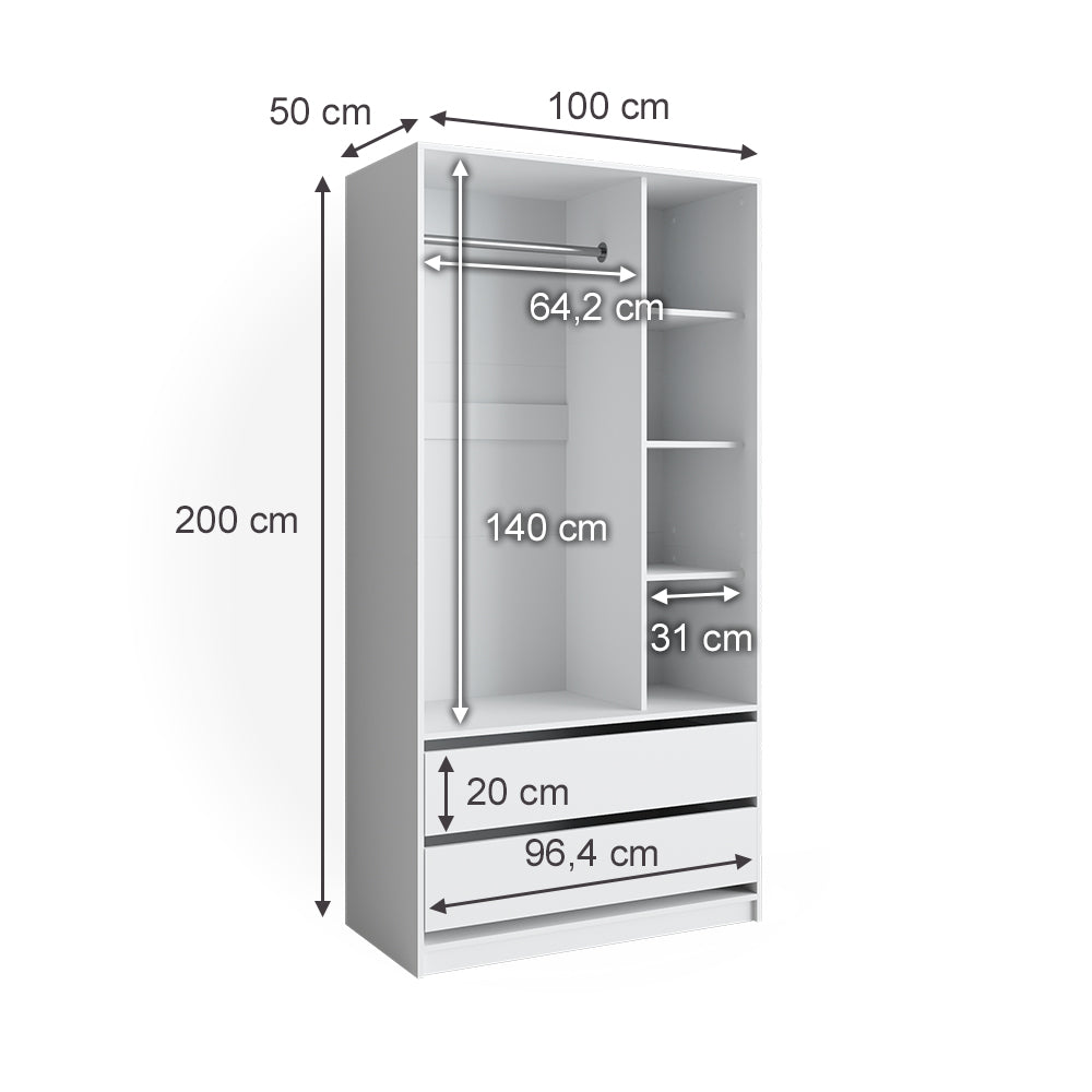 Vicco Armadio multifunzione Bianco 100 x 200 cm con 2 cassetti