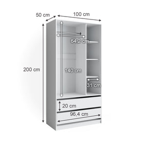 Vicco Armadio multifunzione Bianco 100 x 200 cm con 2 cassetti
