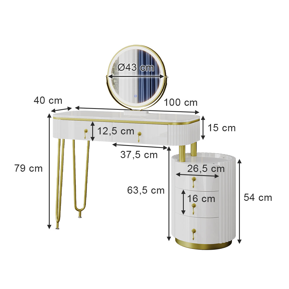 Vicco Tavolo da toeletta Bianco 100 cm con specchio a LED