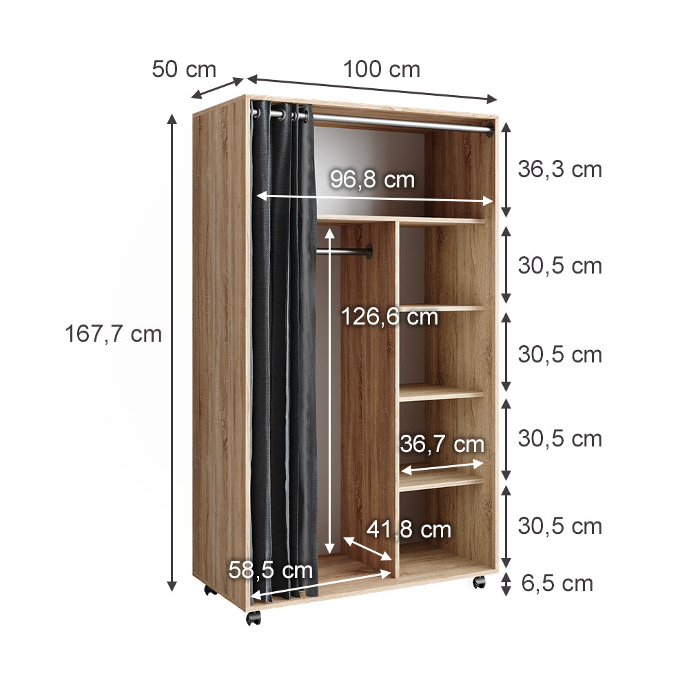 Vicco Armadio multifunzione Sonoma 100 x 168 cm aperto, con rotelle