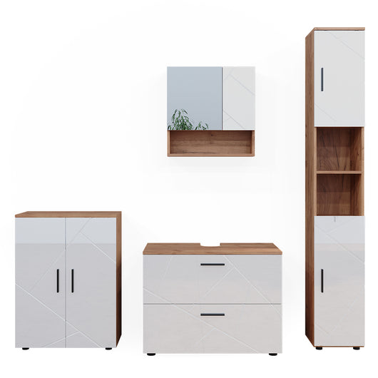 Vicco Set di mobili da bagno Bianco lucido/oro power oak 4 pezzi, con cassettiera e mobile midi