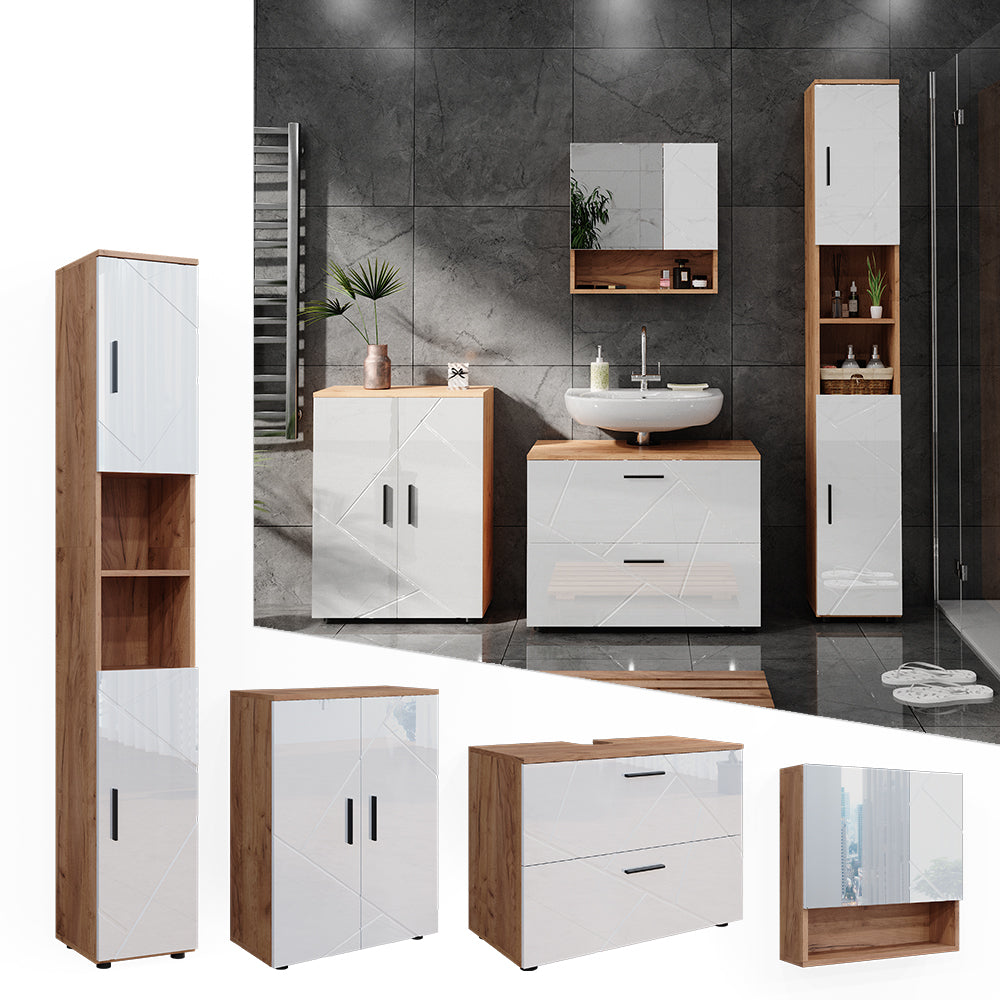 Vicco Set di mobili da bagno Bianco lucido/oro power oak 4 pezzi, con cassettiera e mobile midi