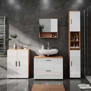 Vicco Set di mobili da bagno Bianco lucido/oro power oak 4 pezzi, con cassettiera e mobile midi
