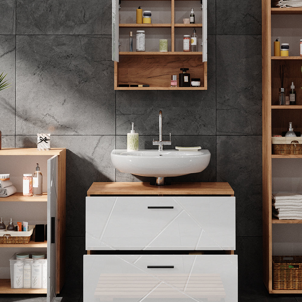 Vicco Set di mobili da bagno Bianco lucido/oro power oak 4 pezzi, con cassettiera e mobile midi