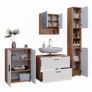 Vicco Set di mobili da bagno Bianco lucido/oro power oak 4 pezzi, con cassettiera e mobile midi