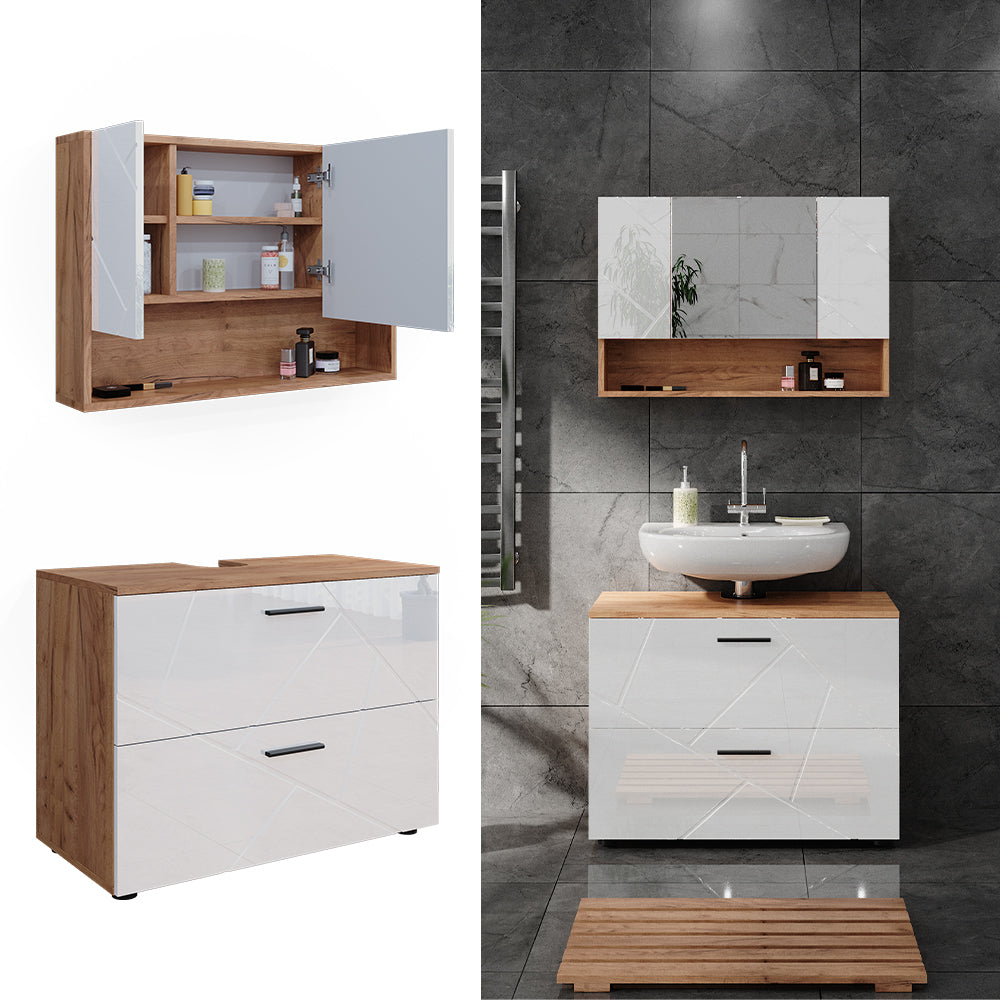Vicco Set di mobili da bagno Bianco lucido/oro power oak 2 parti, mobile base 80 cm