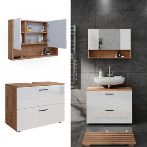 Vicco Set di mobili da bagno Bianco lucido/oro power oak 2 parti, mobile base 80 cm