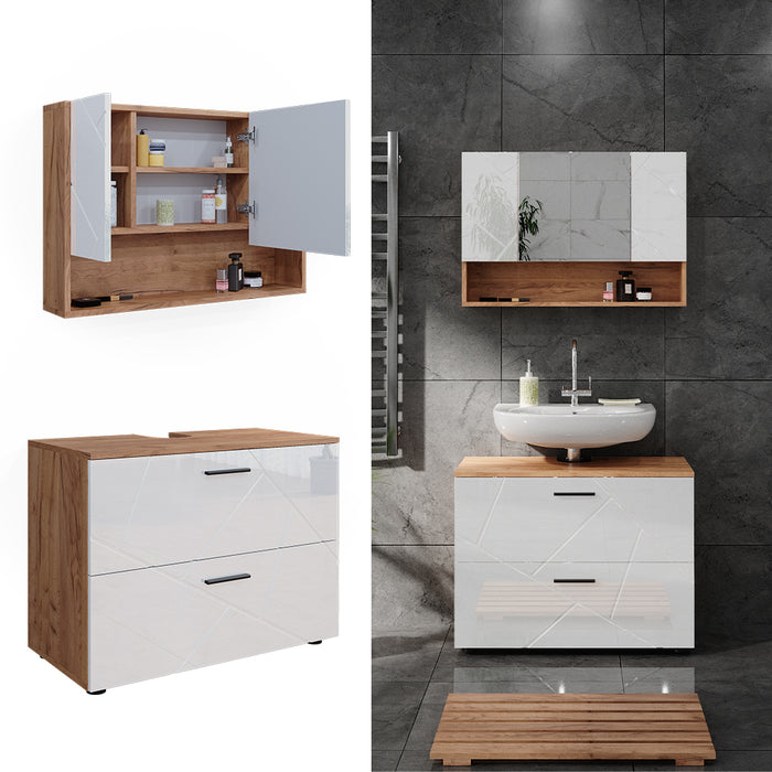 Vicco Set di mobili da bagno Bianco lucido/oro power oak 2 parti, mobile base 80 cm