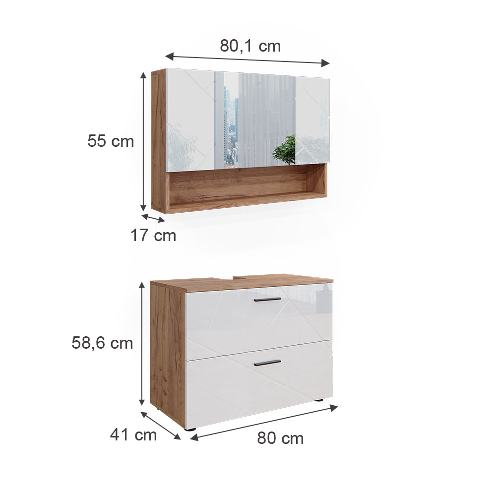 Vicco Set di mobili da bagno Bianco lucido/oro power oak 2 parti, mobile base 80 cm