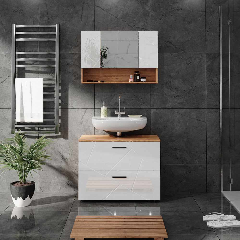 Vicco Set di mobili da bagno Bianco lucido/oro power oak 2 parti, mobile base 80 cm