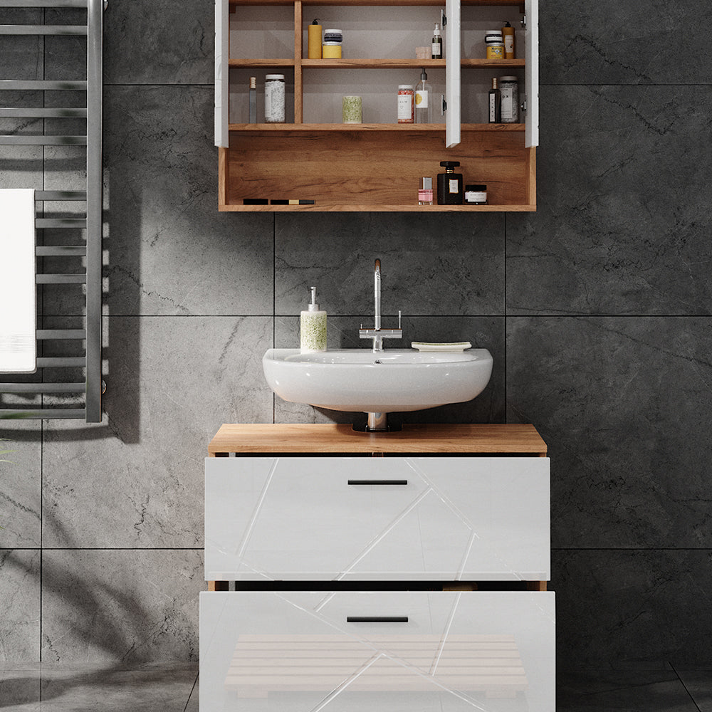 Vicco Set di mobili da bagno Bianco lucido/oro power oak 2 parti, mobile base 80 cm