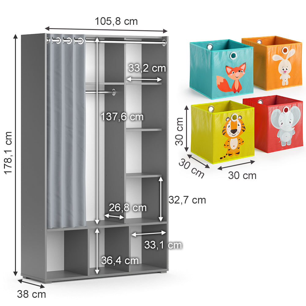 Vicco Guardaroba per bambini Grigio 38 x 178.1 cm Con scatole pieghevoli (colorate)