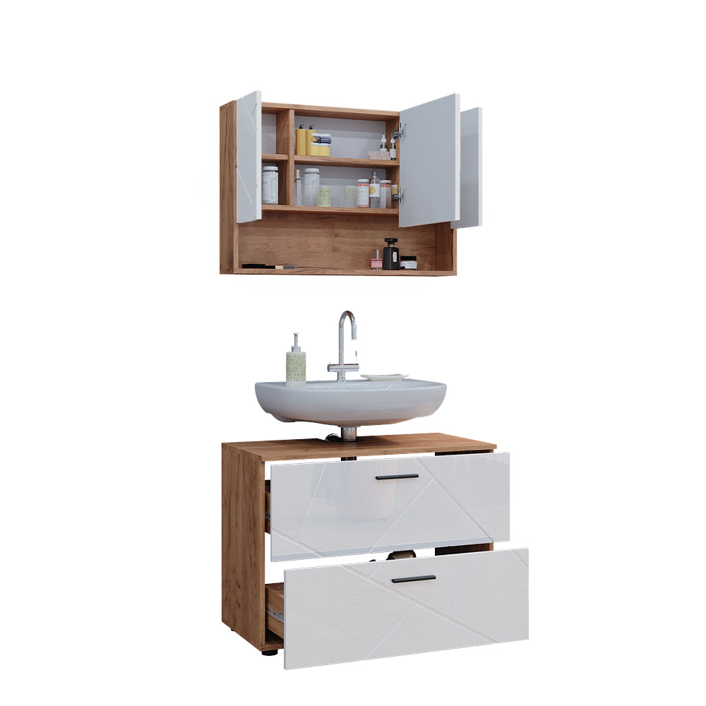 Vicco Set di mobili da bagno Bianco lucido/oro power oak 2 parti, mobile base 80 cm