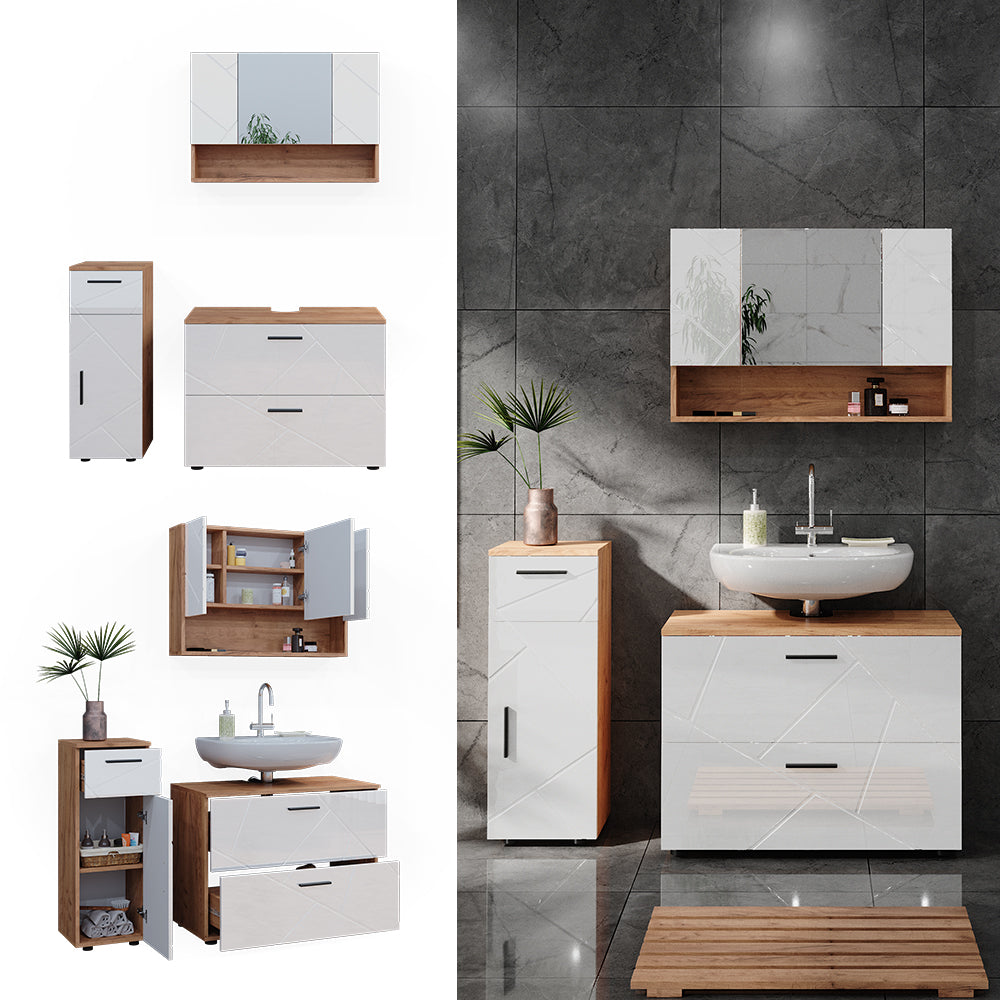 Vicco Set di mobili da bagno Bianco lucido/oro power oak 3 parti, con cassettiera e mobile midi