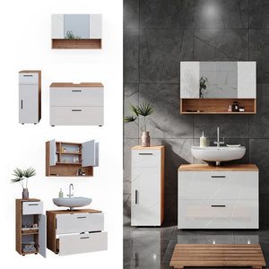 Vicco Set di mobili da bagno Bianco lucido/oro power oak 3 parti, con cassettiera e mobile midi